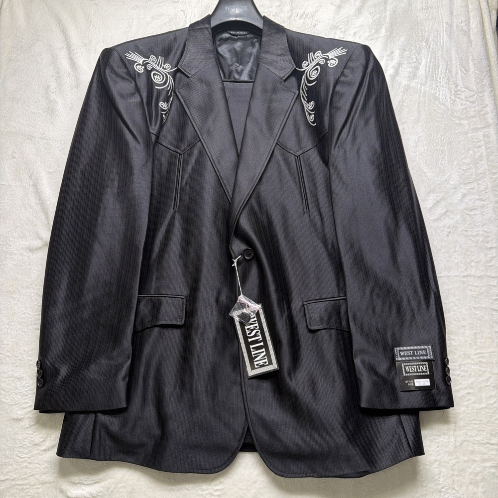 Vintage Western Rockabilly Stage Suit Black Embroidered Jacket Pants 50R 40